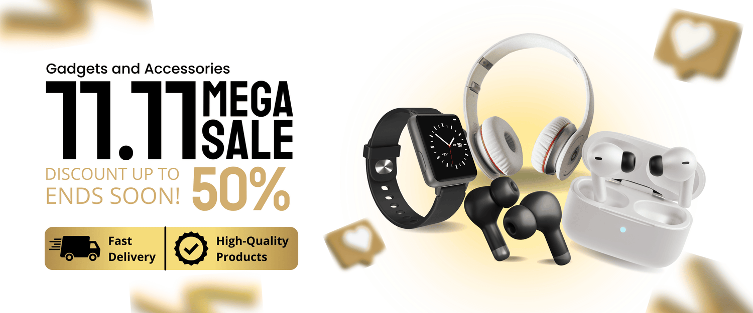 Promotional banner for a 11.11 Mega Sale with electronic gadgets and accessories on a light background.