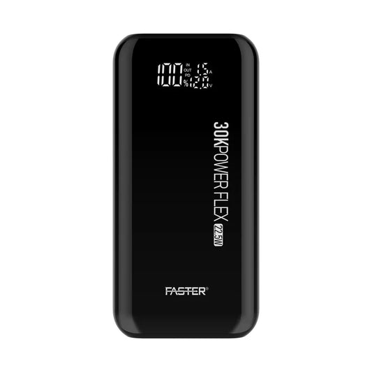 FASTER PF30K 30000mAh Power Bank black front view with USB and Type-C ports