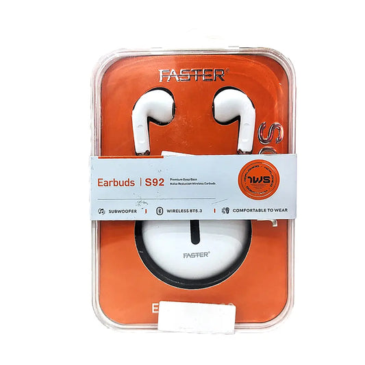 Faster Saver S-92 Wireless Bluetooth Earbuds in White – Lightweight, Long Battery, IPX4 Water Resistant