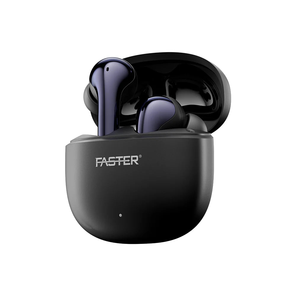Fusion X Black Earbuds Front View with Charging Case