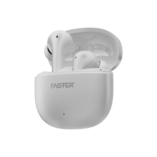 Fusion X White Earbuds Front View with Charging Case
