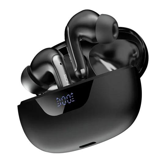 Mystique R-7010 Black Earbuds inside charging case