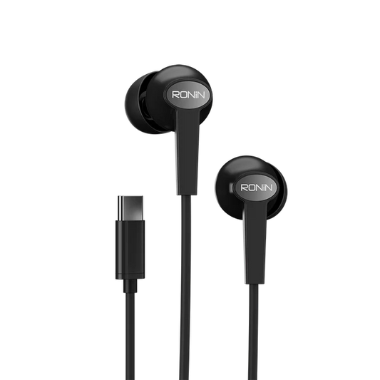 R-29 Handsfree Type-C in black with 10mm drivers, glossy finish, and ergonomic design for HD sound and deep bass."