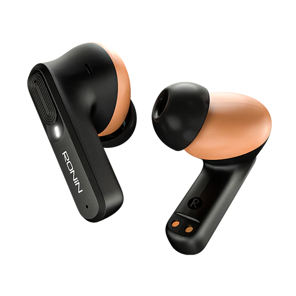 R-7100 Mellow Black Earbuds inside charging case