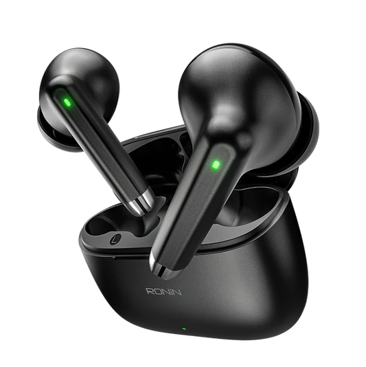 R-740 Vivid Black Earbuds front view with matte finish design