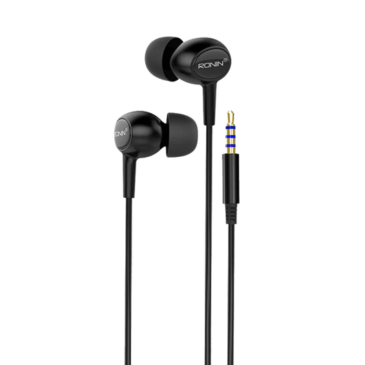 "R-9 Handsfree with 10mm driver, matte finish design, 1.2m cable, and 3.5mm AUX connector in black"