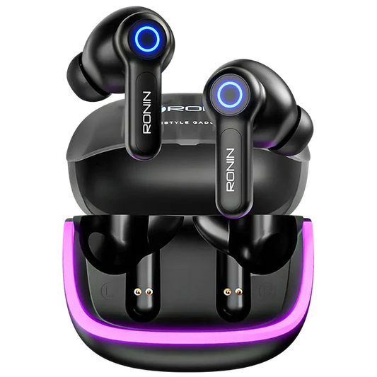 Ronin R-7015 Gaming Earbuds Black Front View – Matte Finish with LED Design