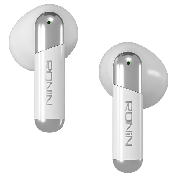 R-7070 Wireless Earbuds White Front View – Transparent Dual-Tone Finish