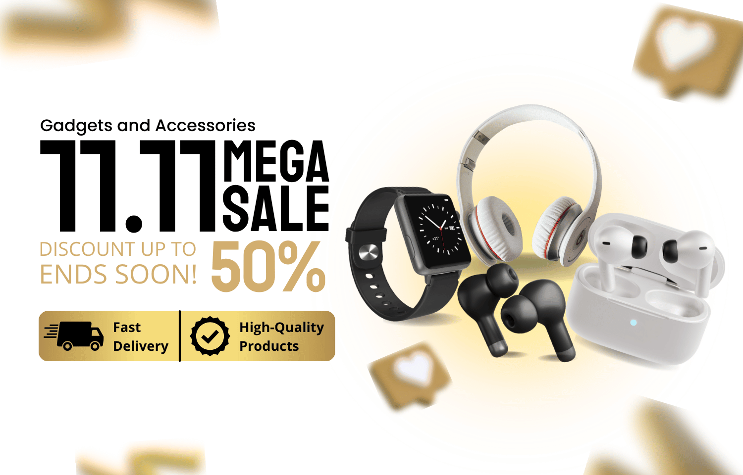 Promotional banner for a 11.11 Mega Sale on gadgets and accessories with discounts and product images.