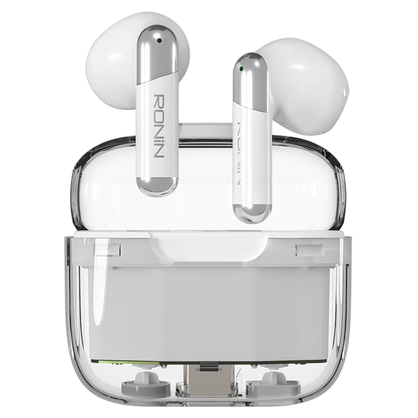 Ronin Snap R-7070 Wireless Earbuds White Front View – Transparent Dual-Tone Finish