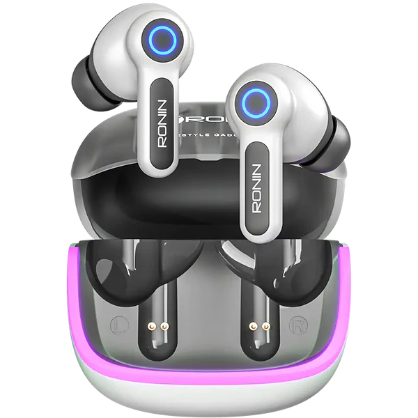 Ronin R-7015 White Wireless Earbuds Side Angle – 10mm Driver for Cinematic Sound