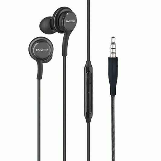 Faster F5 Super Bass earphones black color front view with built-in mic