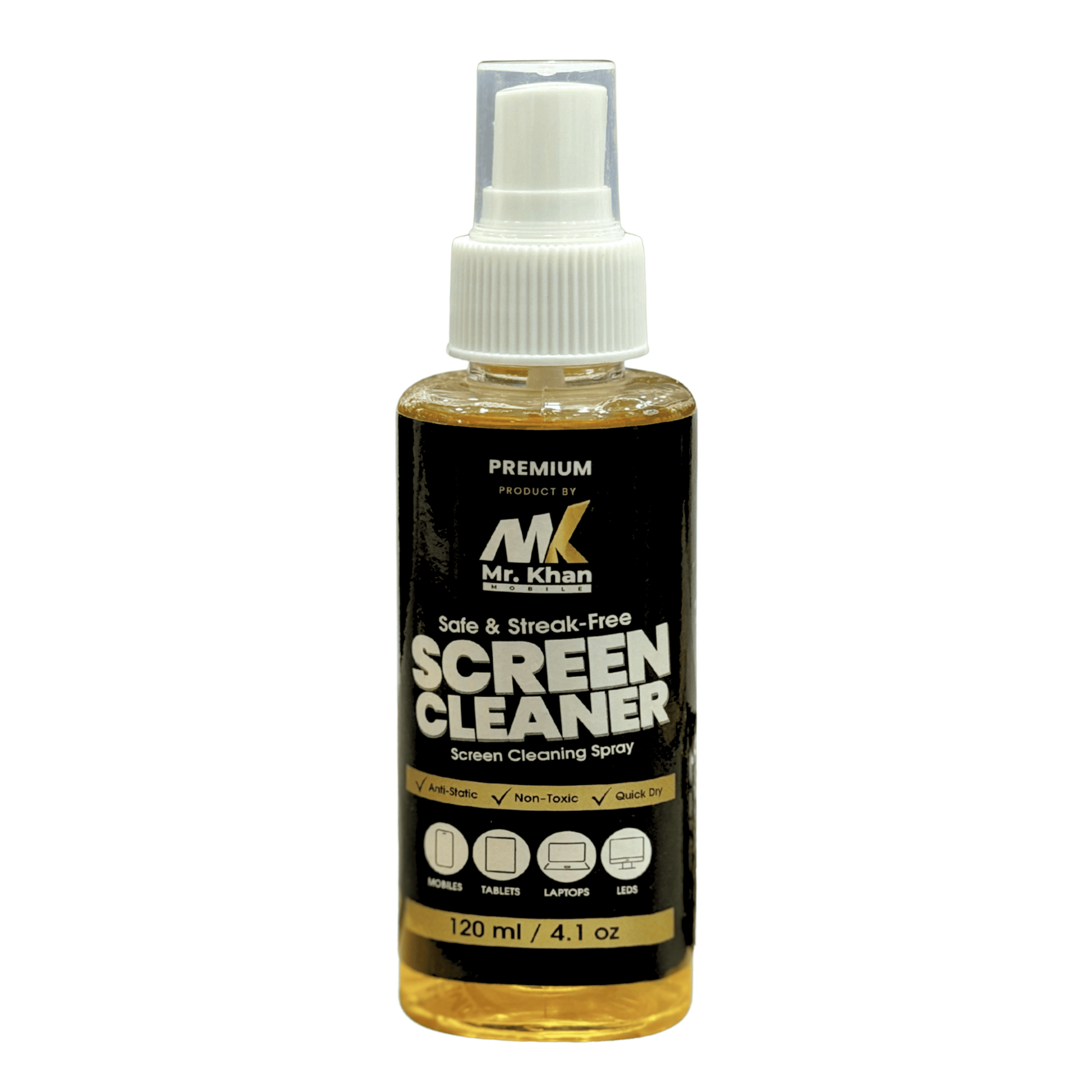 Screen cleaner bottle with white cap and black label on a white background