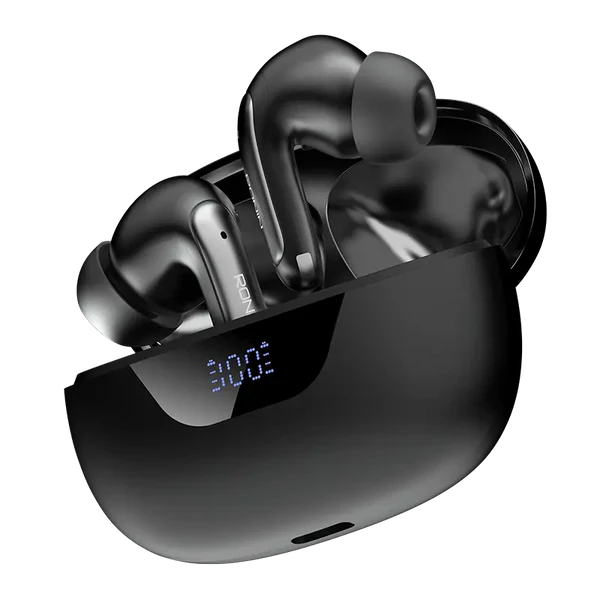 Mystique R-7010 Black Earbuds inside charging case