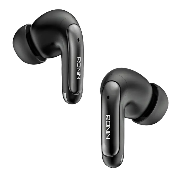 Mystique R-7010 Black Earbuds side angle