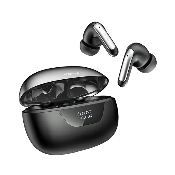 Mystique R-7010 Silver Earbuds inside charging case