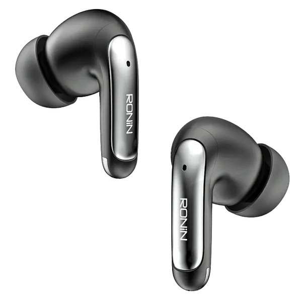 Mystique R-7010 Silver Earbuds side angle