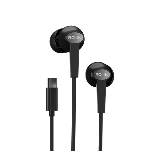 R-29 Handsfree Type-C in black with 10mm drivers, glossy finish, and ergonomic design for HD sound and deep bass."