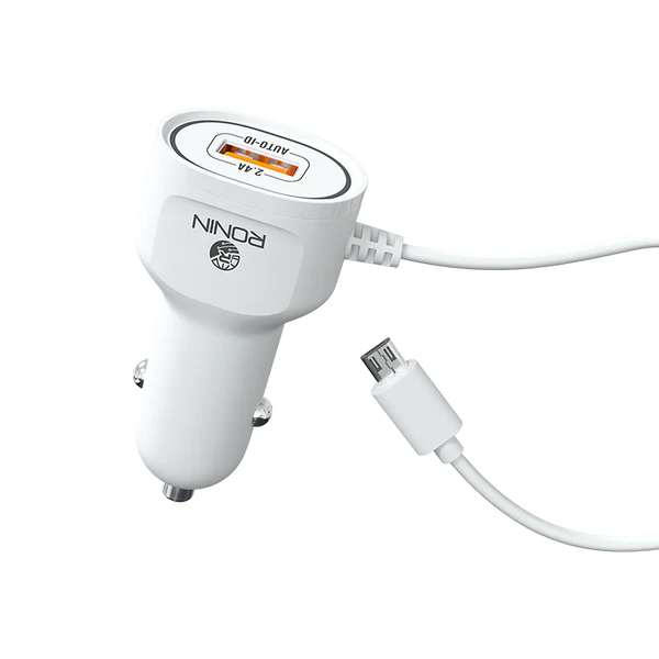 R-545 White Car Charger 2.4A with Lightning, Micro USB, and Type-C Cable