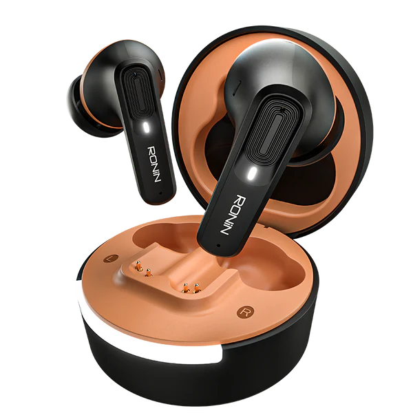 R-7100 Mellow Black Earbuds front view