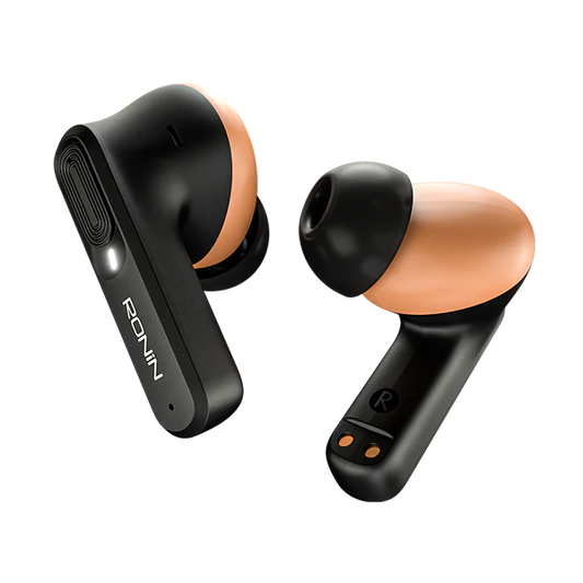 R-7100 Mellow Black Earbuds inside charging case