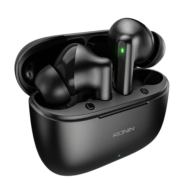 Open charging case of R-740 Vivid Black Earbuds with compact design