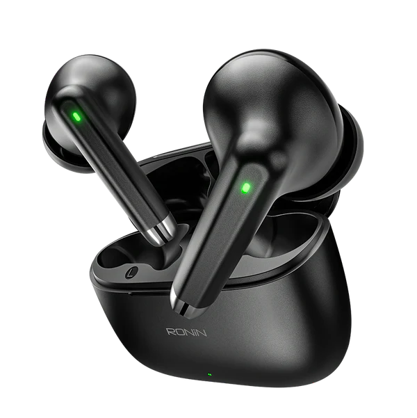 R-740 Vivid Black Earbuds front view with matte finish design