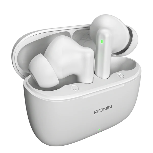 R-740 Vivid White Earbuds inside charging case