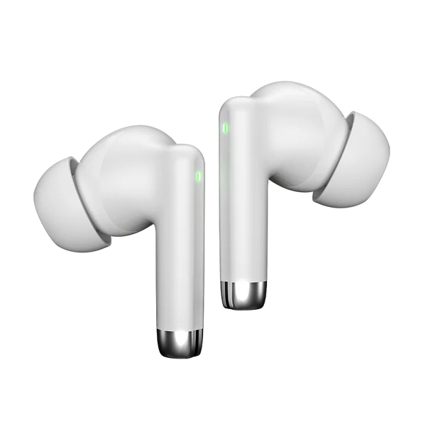 Side view of R-740 Vivid White Earbuds showing ergonomic fit