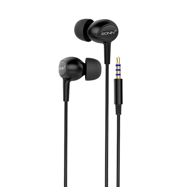 "R-9 Handsfree with 10mm driver, matte finish design, 1.2m cable, and 3.5mm AUX connector in black"