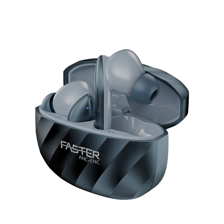 Raptor Blue Earbuds Front View with Charging Case