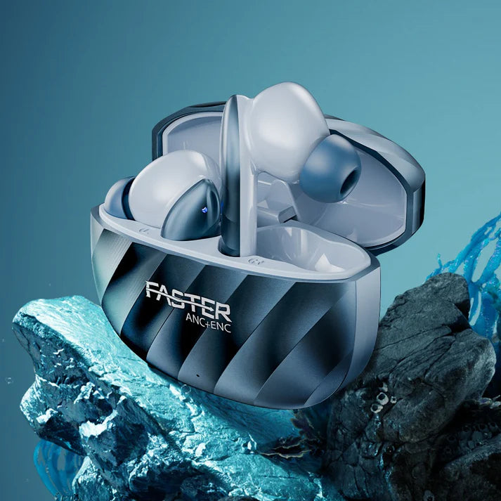 Raptor Blue Earbuds Placed Inside Charging Case