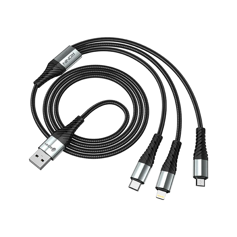 Ronin R-305 3-in-1 black braided cable with retail packaging