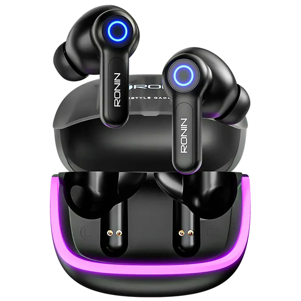 Ronin R-7015 Gaming Earbuds Black Front View – Matte Finish with LED Design