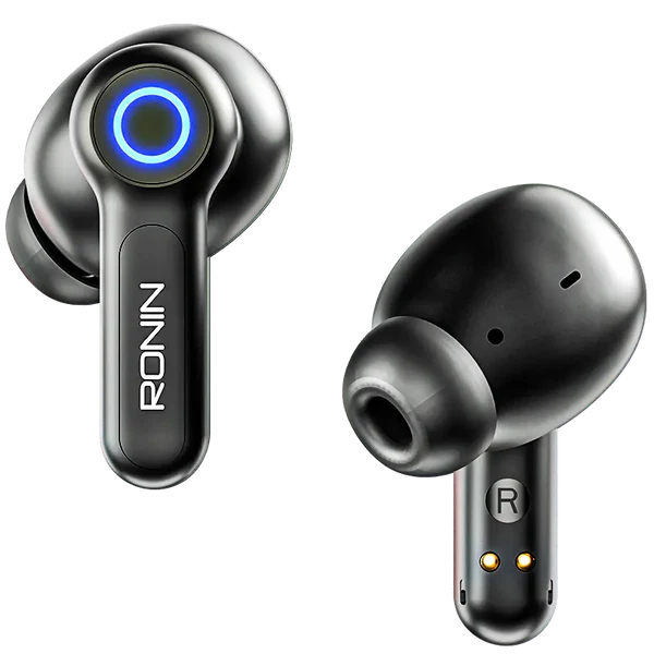 Ronin R-7015 Black Wireless Earbuds Side Angle – Low Latency Gaming Mode
