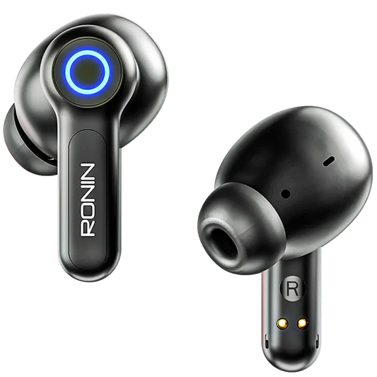 Ronin R-7015 Black Wireless Earbuds Side Angle – Low Latency Gaming Mode