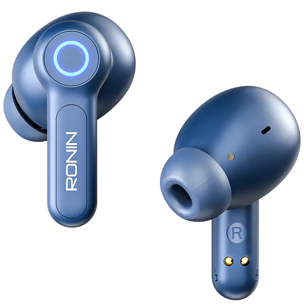 R-7015 Blue Wireless Earbuds Side Angle – ENC Mic for Clear Calls